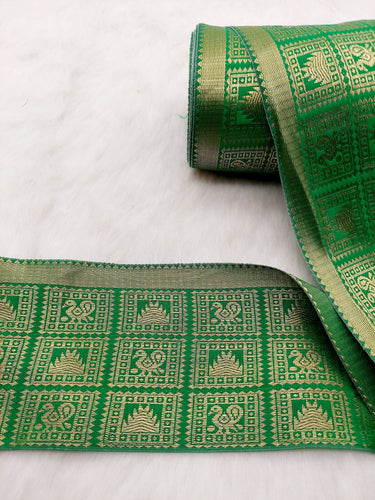 Jacquard Saree Border, Green And Gold Woven Thread Work Trim, Jacquard Trimming Decorative Trim